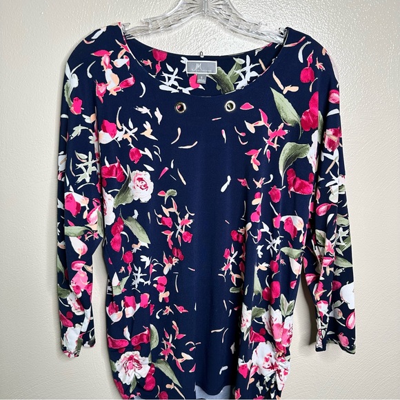 JM Collection Navy Blue Floral Tunic Blouse Size Small - Picture 2 of 5